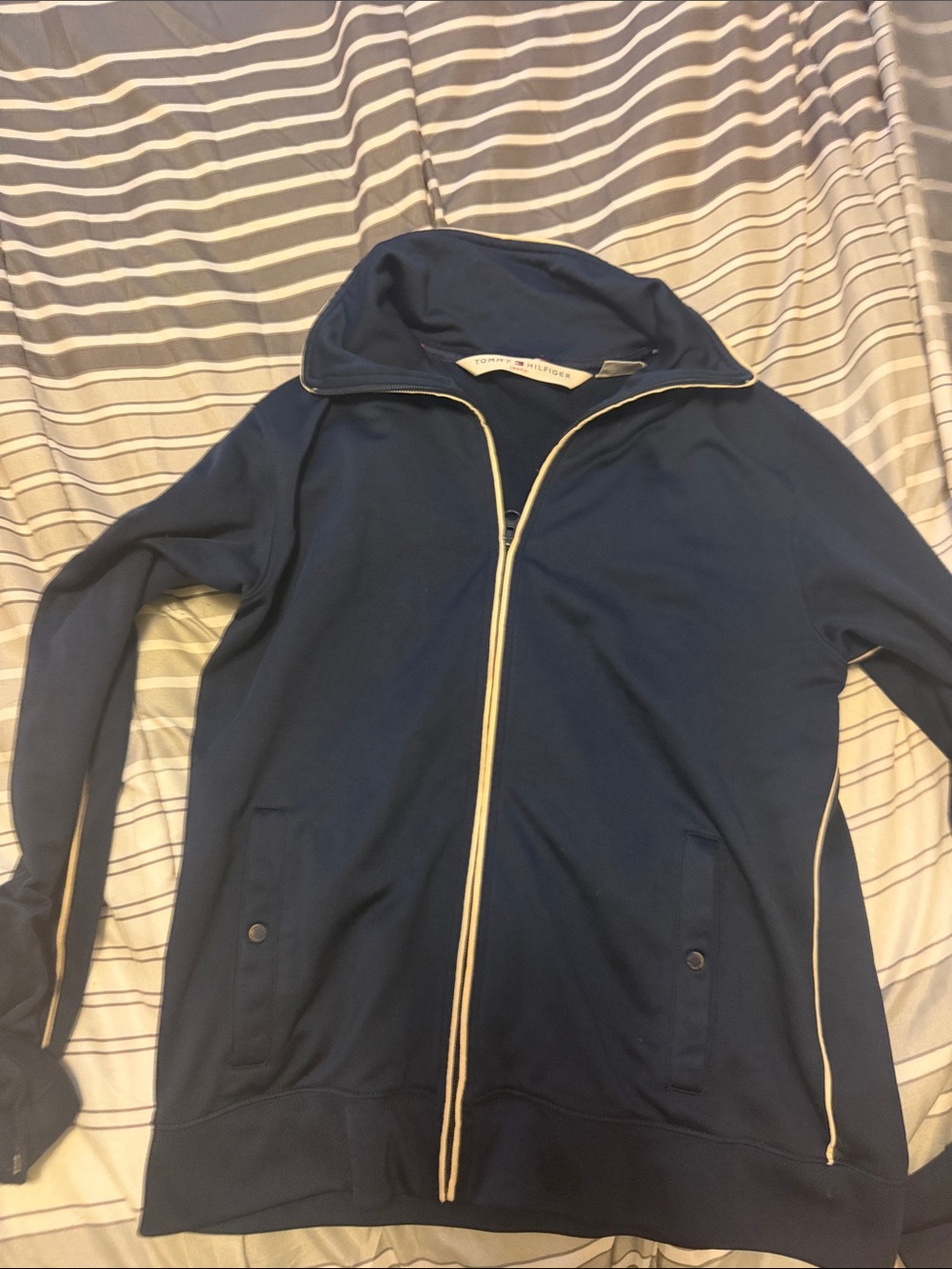Tommy Hilfiger Navy Blue Zip-Up Bomber Jacket with White Trim